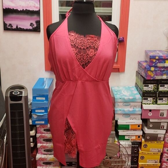 Fushia Pink Floral Mini dress Surplice Neck Lace Detail Side Slit sizes … - Picture 4 of 9